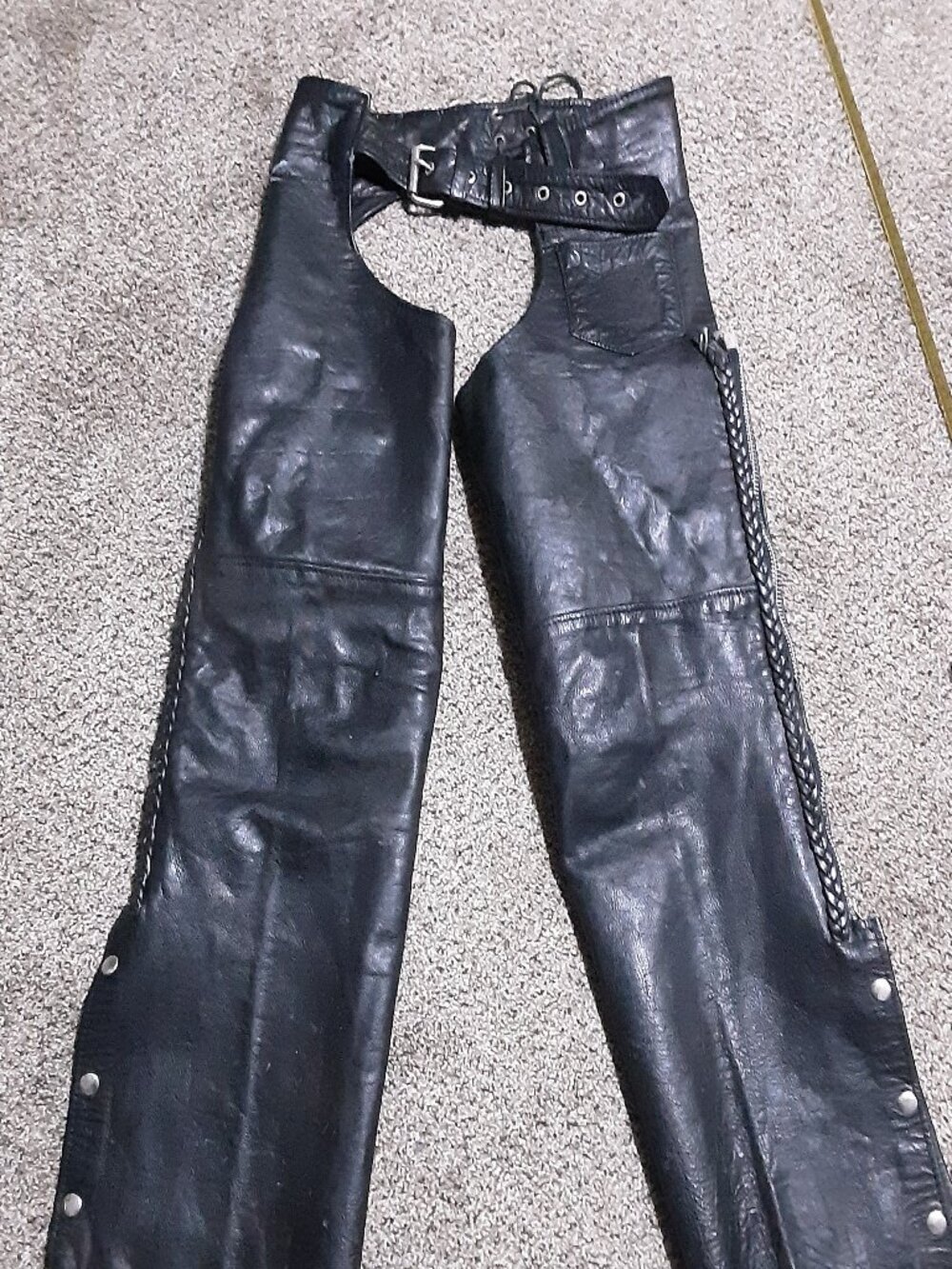 Barneys Leather Motorcycle Chaps Black Small Biker Riding Pants Braided